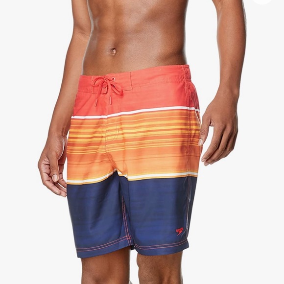 Speedo Men’s Barrier Beach Bondi Striped Swim Trunks Vibrant Orange Navy Blue S - Picture 1 of 16